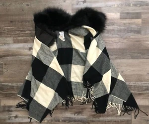 J. Crew Black & White Gingham Plaid Fur Collar Fringe Poncho Cape Jacket New $89 - Picture 1 of 3
