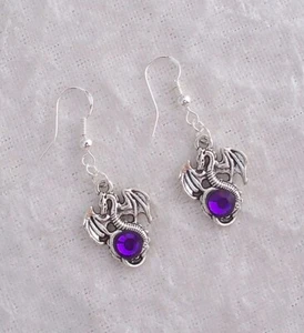 Tibetan Silver Dragon, Purple Diamante Earrings,925 Silver Hook. Handmade - Picture 1 of 6