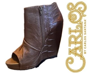 NEW Carlos Santana Camino brown leather Peep Toe Wedge Bootie 8.5M See Pictures - Picture 1 of 15