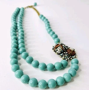 Heidi Daus Turquoise Koi Fish Necklace Rinestone Double Strand Blue 24" Vintage - Picture 1 of 11