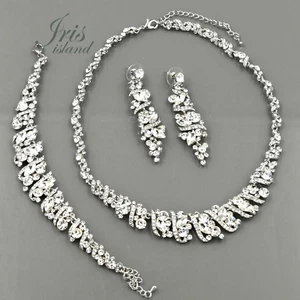 Collar de cristal enchapado en rodio Pendientes Pulsera Novia Boda Joyería Set 501 - Imagen 1 de 6