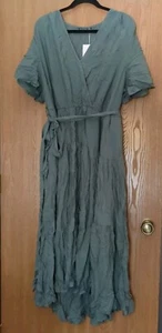 Bloomchic Dress Size 18 20 Green Pockets Long Dress Short Sleeve V-Neck Belted - Picture 1 of 6