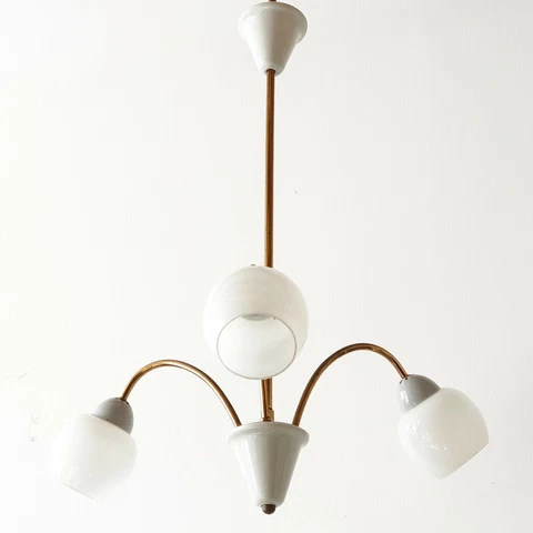 Ceiling Chandelier 1950 Vintage Brass, Glass & Plastic Grey 50S 50'S Cover