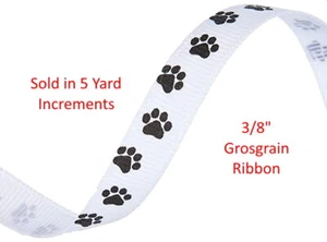 Grosgrain Ribbon Paw Print 5 Yards White Black Craft Bow Dogs Cats Gift 3/8" DIY - Picture 1 of 24