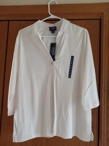 CHAPS Top Women 2X Cotton Collared V-Neck 3/4 Sleeve White NEW - Picture 1 of 3