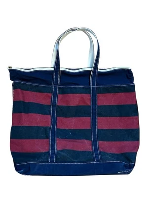 LL Bean Boat And Tote Rojo Negro Rayas Azul Acentos Lona Cremallera Hecho en EE. UU. Foto 1 de 4