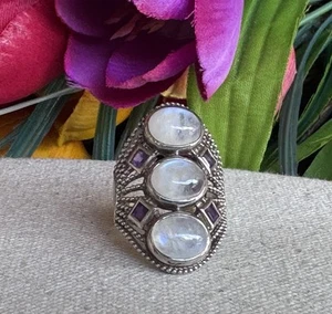 PTI 925 Sterling Triple Moonstone/Amethyst Saddle Ring Sz 6.5 - Picture 1 of 15