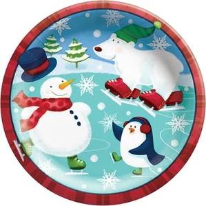 Holiday Fun Snowman Animals Winter Christmas Party 8.5" Paper Dinner Plates - Picture 1 of 1
