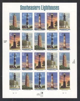 SCOTT 3787-91 2003 37 CENT SOUTHEASTERN LIGHTHOUSE ISSUE PANE 20 MNH VF CAT $37! - Image 1 of 2