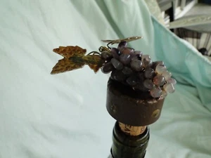 Stone Grape Cluster w/Coiled Stem, Metal Leaves, Polished, Wine bottle topper - Picture 1 of 4