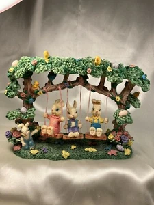 Vintage Swinging Bunnies on Tree w/Birds & Flowers - Picture 1 of 11