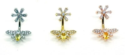 Honeybee Belly Bar Clear CZ Crystal  Daisy Bee Navel Bar Belly Ring 316L - Image 1 of 4
