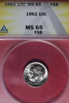 1962 - ANACS 10C MS65 FSB ROOSEVELT DIME #B48534 - Image 1 of 2