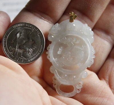 Gorgeous 100% Natural Jade Grade A Icy Translucent Jadeite Carved Dragon Pendant - Image 1 of 4