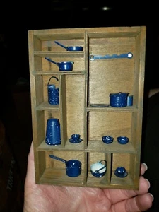Vtg 15pc Dollhouse Miniature Wooden Country Primitive Cupboard Blue Dishes China - Picture 1 of 6