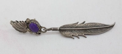 Silver Feather Shaped Dangle Earring with Purple Stone No Back    S1 - Image 1 of 4