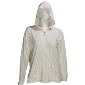 Women's Quacker Hoodie Factory Faux Pearl Full Zip Sweater Ivory Size L Pockets - Picture 1 of 14