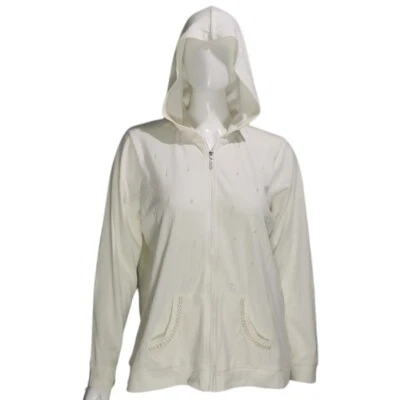 Women's Quacker Hoodie Factory Faux Pearl Full Zip Sweater Ivory Size L Pockets - Image 1 of 4