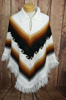 Suéter Poncho Cuello Chal Tejido Acrílico De Colección Talla Única Blanco Marrón Estampado Azteca Foto 1 de 3