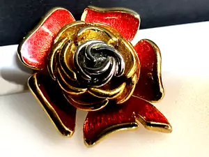 Vintage Brooch Jewellery Enamel Flower Rose Red Gold Silver Gold Metal - Picture 1 of 6
