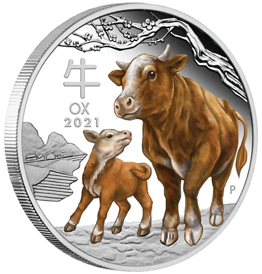 2021 Australia COLORED PROOF Lunar Year of the OX 1oz Silver $1 Coin Series 3 - Image 1 of 4