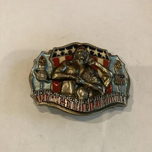 Vintage 1986 The Great American Buckle Co Wrestlemania Belt Buckle - Hulk+Andre - Picture 1 of 5