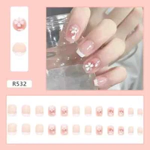 Mixed Pink Tone Glossy Floral Camellia Design Short Length Press-On Nails (b2) - Picture 1 of 3