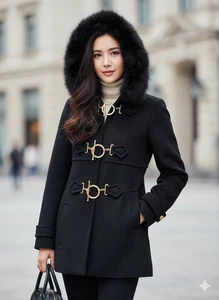 BLUMARINE Mantel schwarz Fell Kapuze gold verziert Knebel 38 0 2 Wollmischung XS NEU - Bild 1 von 12