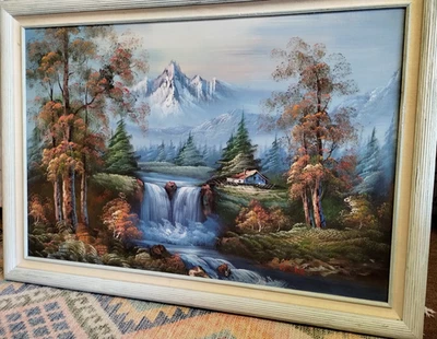 Bob Ross Style Painting Moutain Scenery By Crane - Image 1 of 4