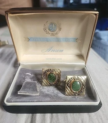 Conjunto de abotoaduras de jade polidas genuínas vintage por Anson - Imagem 1 de 4