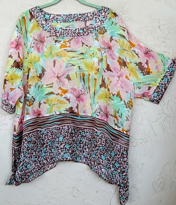 Gorgeous 1X Artsy Abstract Multicolor Floral SILK Blouse Top 18 20 Yellow Brown - Image 1 of 4