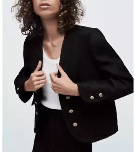 NWOT ZARA Gold Buttoned Textured Cropped Open Blazer Black Jacket Size Small - Picture 1 of 12