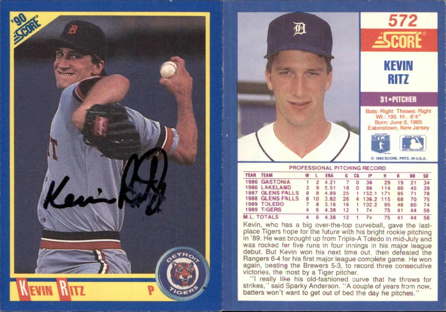 Kevin Ritz Signed 1990 Score #572 Card Detroit Tigers Auto AU