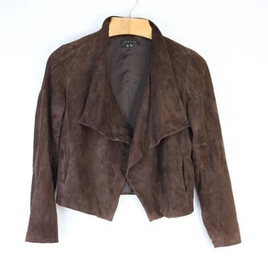 THEORY CHOCOLATE BROWN LAMB LEATHER SUEDE OPEN FRONT JACKET COAT SHAWL MEDIUM - Picture 1 of 6