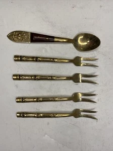 Thailand Nickelbronze Appetizer Cocktail Forks & Spoon Bamboo Design Set of 5 - Picture 1 of 12