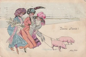GLAMOUR LADIES WALKING THE PIGS XAVIER SAGER ARTIST SIGNED POSTCARD - Picture 1 of 2