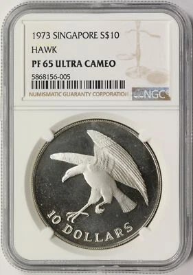 Singapur 1973 plata $10 Hawk NGC PF65 Ultra camafeo Foto 1 de 4