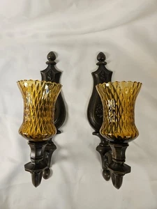 Vtg 1960's Set Of MCM Dart Taper Wall Candle Holder/Sconces 4015 W/ Amber Globes - Picture 1 of 16