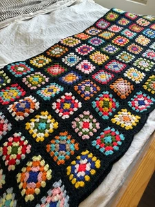 Vtg Handmade Granny Square Crochet Afghan Cottage Core 80"x60" Queen / King Size - Picture 1 of 6