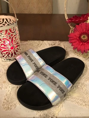 Sandalias de playa Victoria’s Secret rosa toboganes para mujer 7 iridiscentes plateadas negras Foto 1 de 4