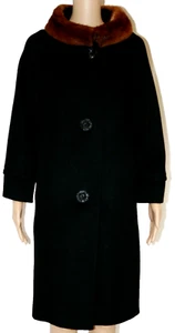 Black Midi Car Coat with Jackie O Fur Collar Women's Medium Large Made in USA - Picture 1 of 11