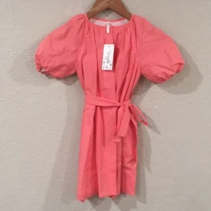 NEW Babychi Girls Sz 4-6Y Organic Coral Puff Sleeve Robe VIC Belt 100% Cotton - Picture 1 of 11