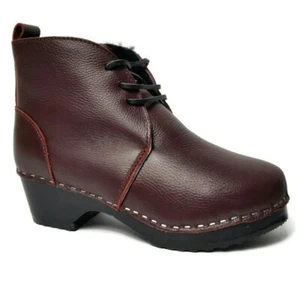 Damen Schwedische Low Heel Clog Holzsohle Fell Gefüttert Leder Stiefeletten Gr. 36 - Bild 1 von 12