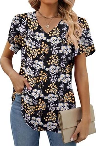 Women's Casual Summer T Shirts Solid Short Sleeve Chiffon V Neck Tops Tshirts - Picture 1 of 186