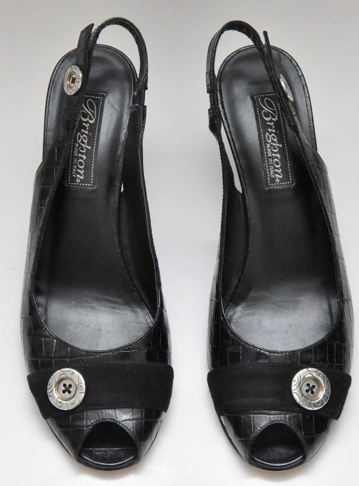 BRIGHTON Negro Croco Repujado Punta Abierta Eslinga Tacón de Cuña HECHO EN ITALIA 7,5 M Foto 1 de 1