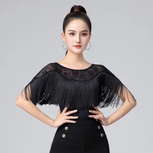 Women Ballroom Tops Modern Dance Blouse Tango Tassel Fringe Lace Short Sleeve - Picture 1 of 10
