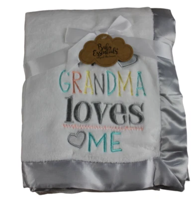 Baby Essentials Blanket My Grandma Loves Me White Gray Satin Edge Infant NWT - Image 1 of 4