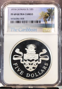 1974 CAYMAN ISLANDS SILVER 5 DOLLARS NGC PF 69 ULTRA CAMEO SCARCE HIGH GRADE - Picture 1 of 3