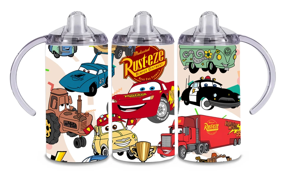 Taza para sorber hecha a mano de acero inoxidable de 12 oz con doble tapa-coches-dibujos animados-camión-niño pequeño-regalo Foto 1 de 1