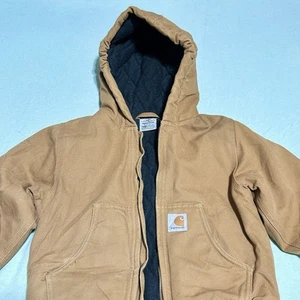 Carhartt Brown Quilt Lined Hooded Jacket Youth Boys Size XXS (4-5) Chore Coat - Picture 1 of 12